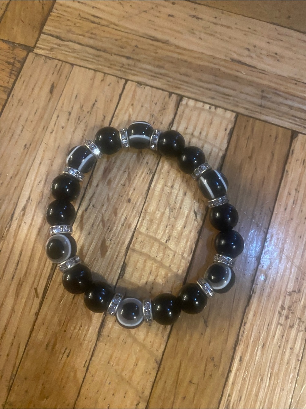Black Beaded Stretch Bracelet with Silver Accents